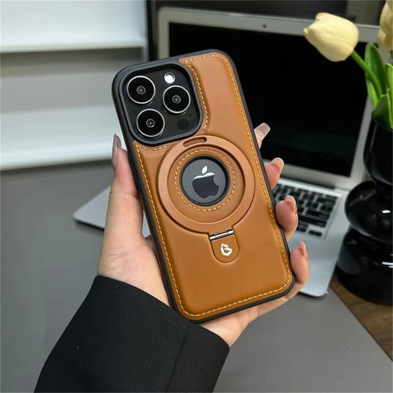 Luxe lederen iPhone-hoesje met ingebouwde standaard