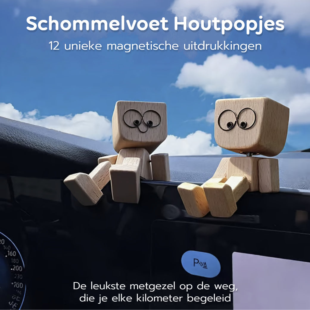 Charmant klein houten schommelfiguurtje met 12 magnetische uitdrukkingen