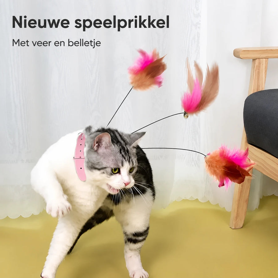 Interactief kattenspeeltje met verstelbare halsband, veer en belletje