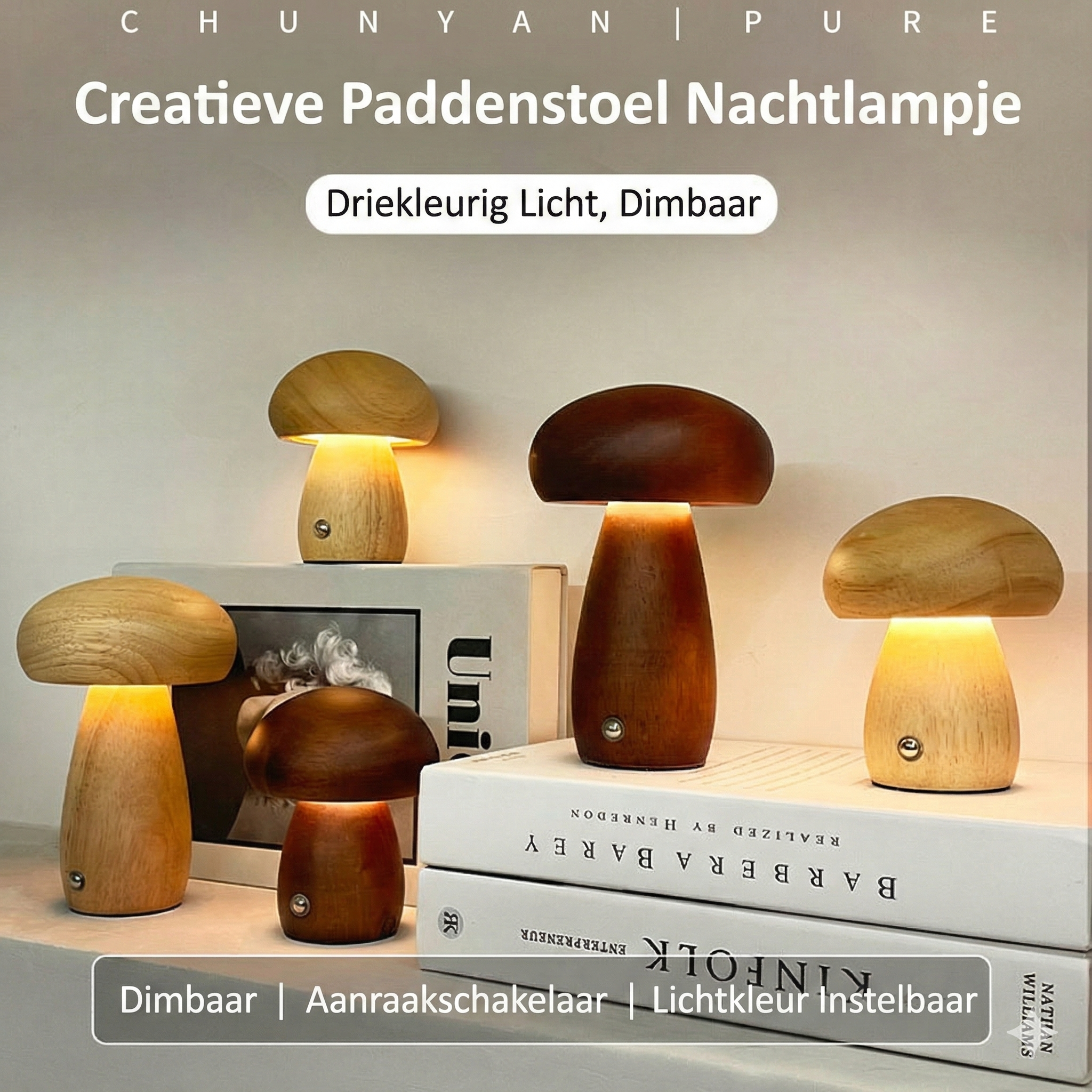 Houten Paddenstoel Nachtlamp - Oplaadbare LED met Touch & Dimfunctie