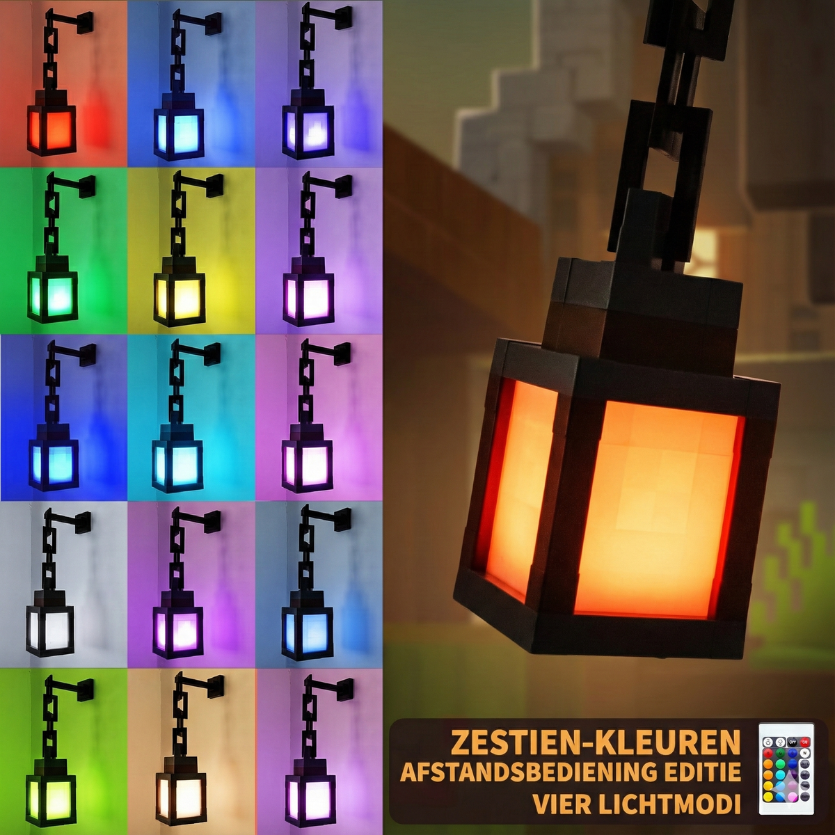 Pixel Game Lantaarn - Oplaadbare LED Nachtlamp met 16 Kleuren & Afstandsbediening