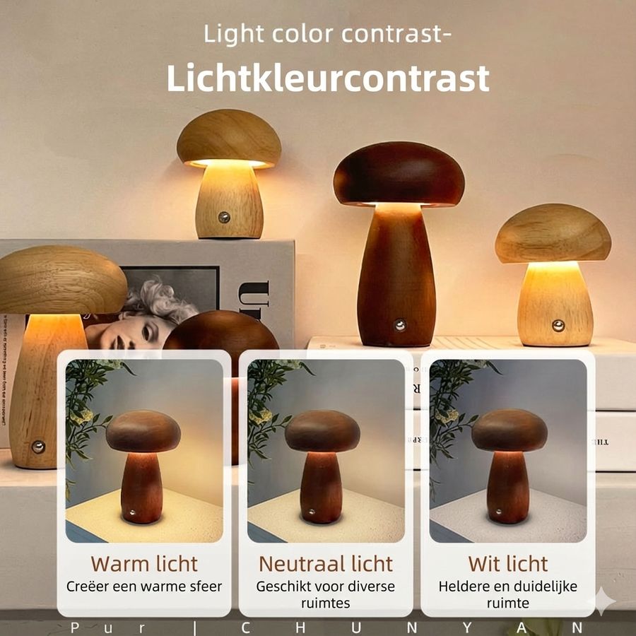 Houten Paddenstoel Nachtlamp - Oplaadbare LED met Touch & Dimfunctie