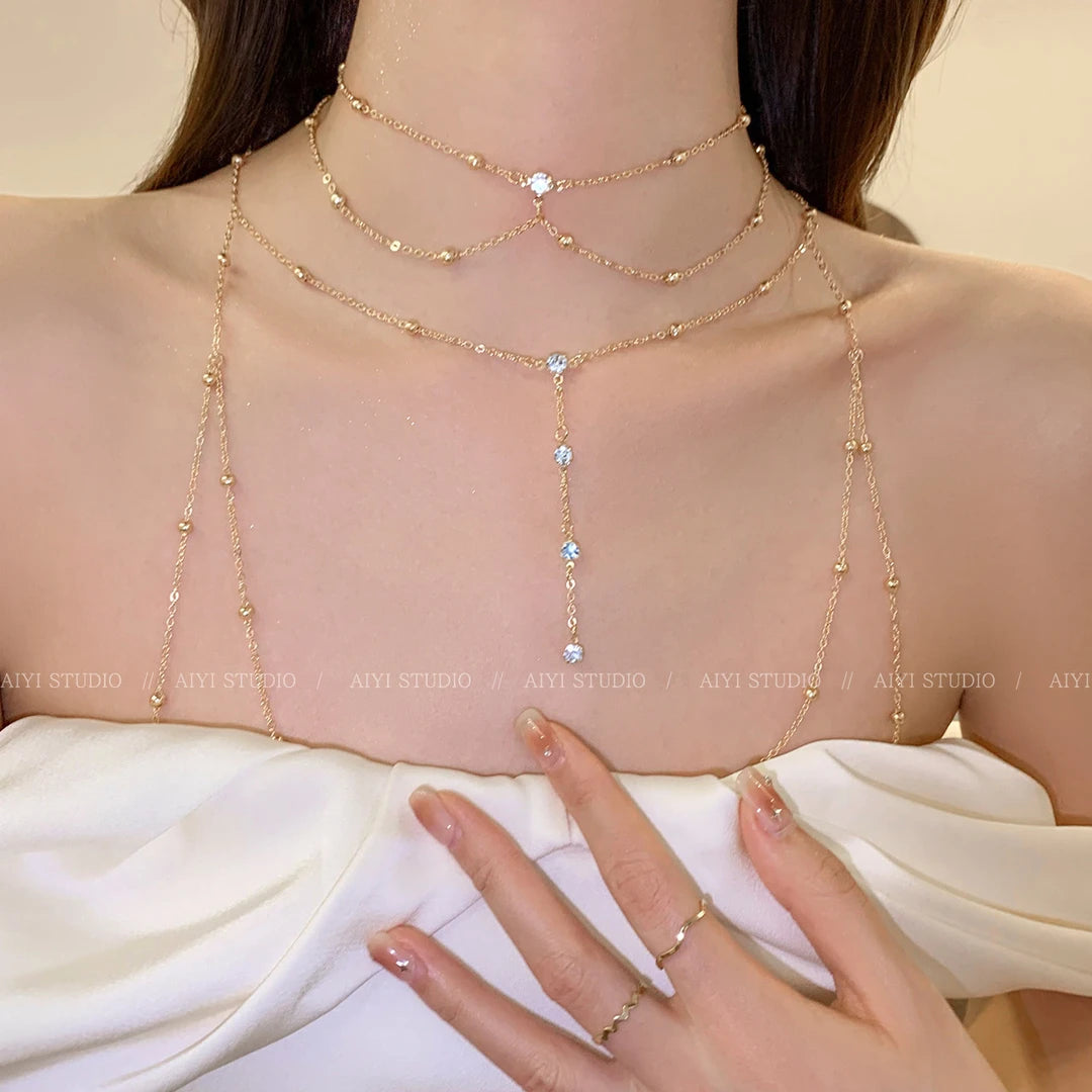 Sexy Gouden Body Chain - Lichaamsketting met Kristallen & Pareltjes