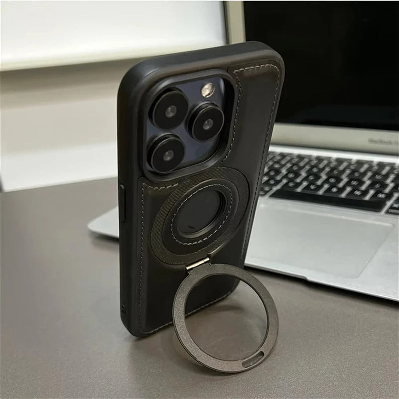 Luxe lederen iPhone-hoesje met ingebouwde standaard