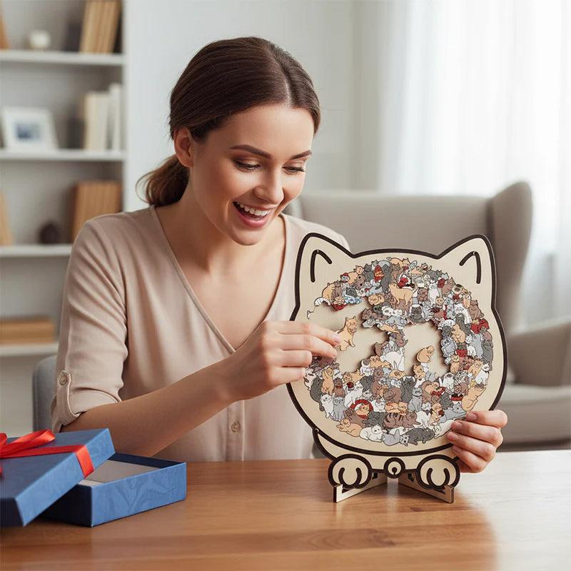🎁Kerstuitverkoop 49% KORTING🎅135-delige Morandi-kleurige houten puzzel in de vorm van een kat