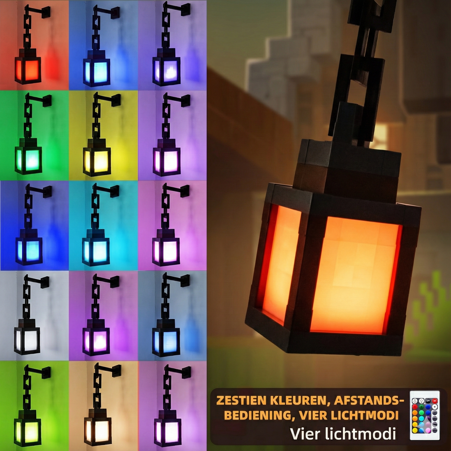 Pixel Game Lantaarn - Oplaadbare LED Nachtlamp met 16 Kleuren & Afstandsbediening