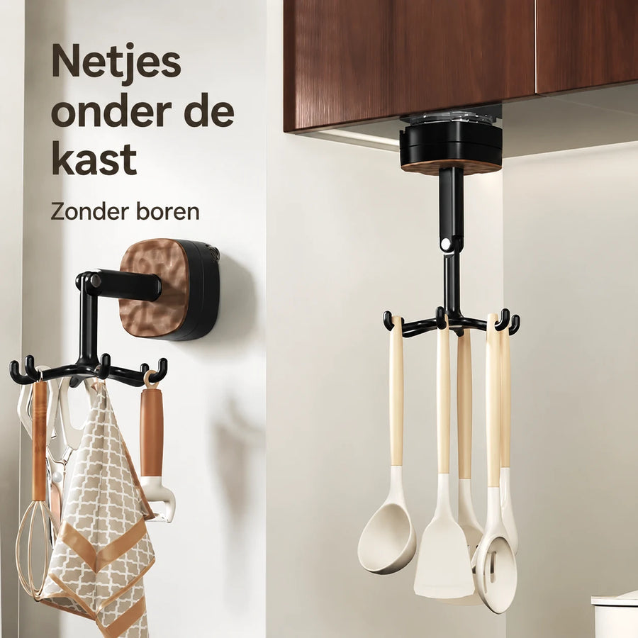 Draaibaar keukenhaakrek met zuignap – 6 haken, zonder boren