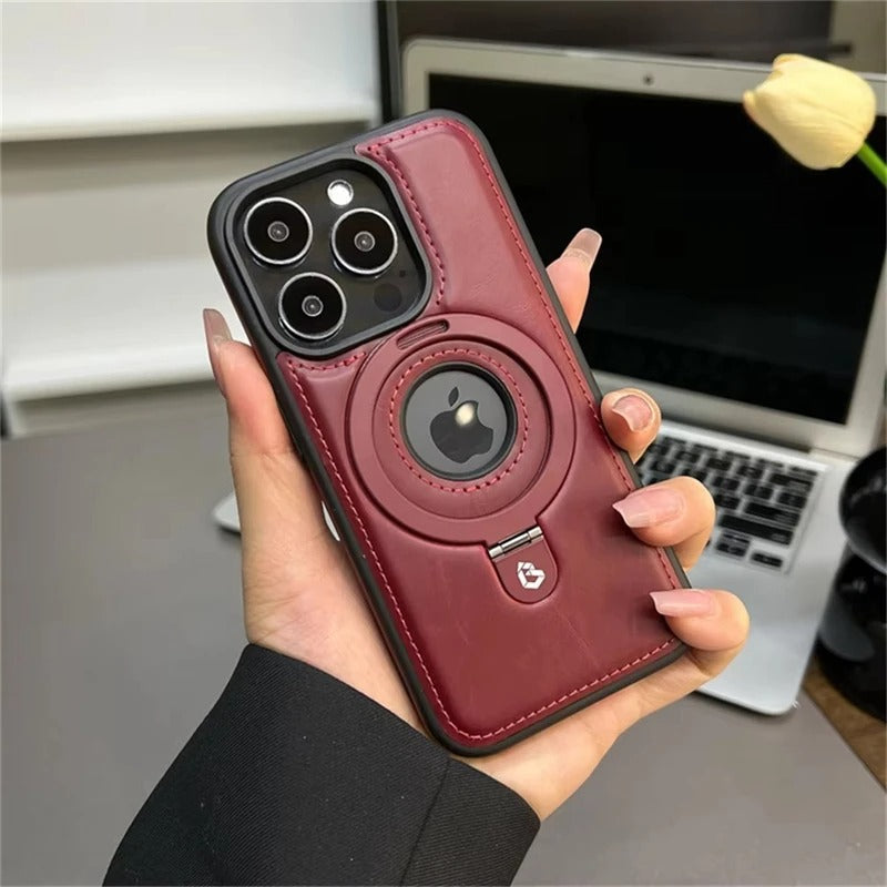 Luxe lederen iPhone-hoesje met ingebouwde standaard