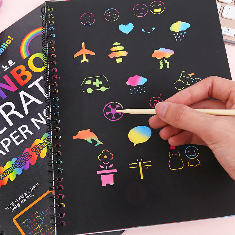 🌈Creatief regenboog kraskunstnotitieboek - Laat de kunstenaar in je los! Complete set met sjablonen en stylussen - Ideaal voor stressverlichting, creatief cadeau voor kinderen en volwassenen ✨